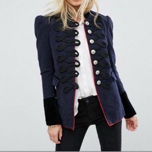 Free People Seamed and Structured Navy Blue Velvet Military Nutcracker Jacket L